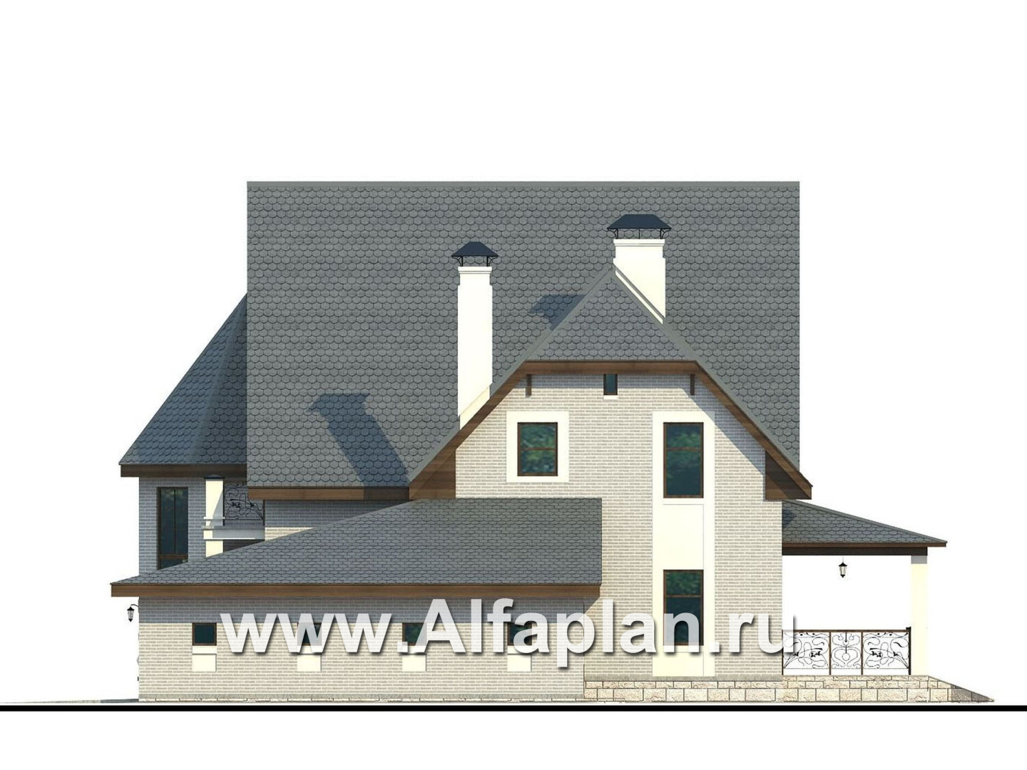 Проекты домов Альфаплан - «Ленский» - проект двухэтажного дома, с мансардой и гаражом, для большой семьи в стиле модерн - изображение фасада №2