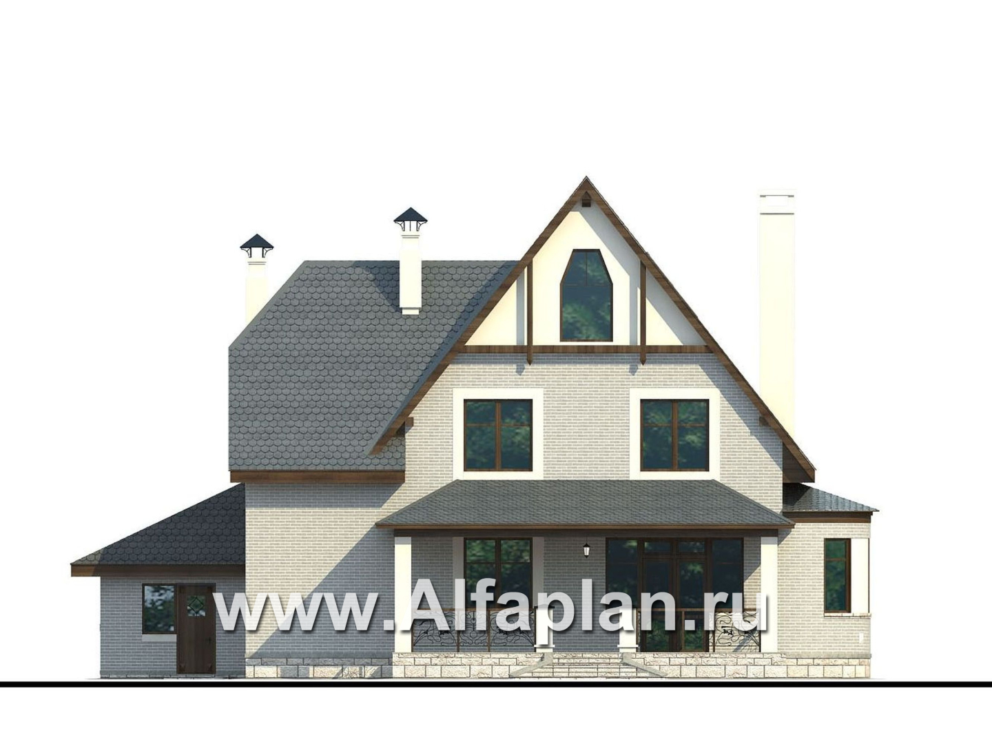 Проекты домов Альфаплан - «Ленский» - проект двухэтажного дома, с мансардой и гаражом, для большой семьи в стиле модерн - изображение фасада №4