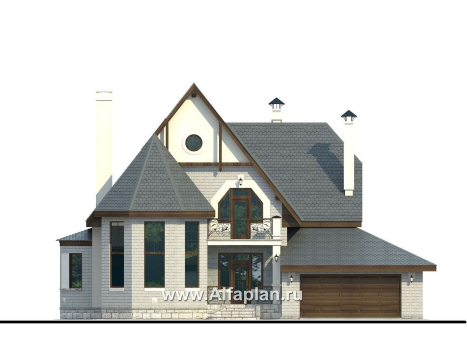 Проекты домов Альфаплан - «Ленский» - проект двухэтажного дома, с мансардой и гаражом, для большой семьи в стиле модерн - превью фасада №1