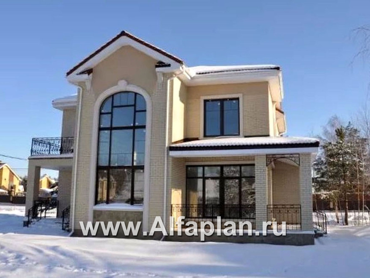 Проекты домов Альфаплан - «Голицын»- изящный коттедж с двусветной гостиной - основное изображение