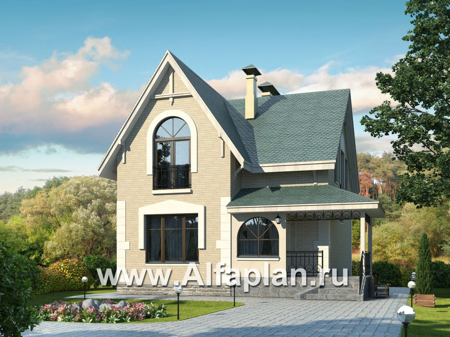 Проекты домов Альфаплан - Проект дома с мансардой из газобетона «Оптима», открытая планировка, фото - основное изображение