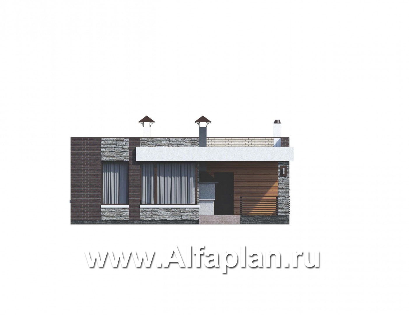 Проекты домов Альфаплан - «Дега» - красивый проект одноэтажного дома, современный стиль, с террасой и с плоской кровлей - изображение фасада №1