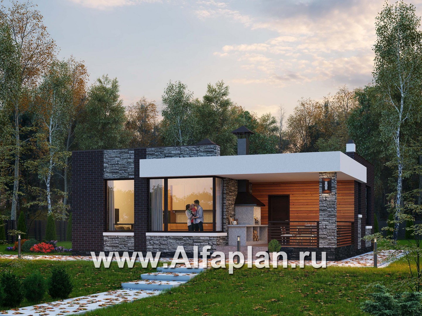 Проекты домов Альфаплан - «Дега» - красивый проект одноэтажного дома, современный стиль, с террасой и с плоской кровлей - основное изображение