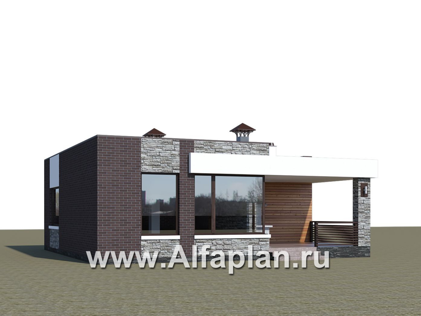 Проекты домов Альфаплан - «Дега» - красивый проект одноэтажного дома, современный стиль, с террасой и с плоской кровлей - дополнительное изображение №1