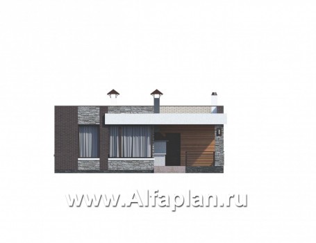 Проекты домов Альфаплан - «Дега» - красивый проект одноэтажного дома, современный стиль, с террасой и с плоской кровлей - превью фасада №1