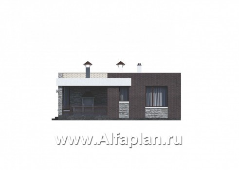Проекты домов Альфаплан - «Дега» - красивый проект одноэтажного дома, современный стиль, с террасой и с плоской кровлей - превью фасада №2