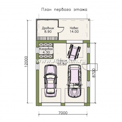 Проект гаража, на 2 авто, с кладовой и дровником - превью план дома