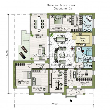 Проекты домов Альфаплан - «Горизонталь» - большой одноэтажный коттедж  в современном стиле - превью плана проекта №2