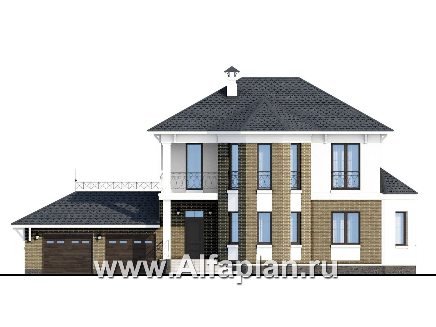 «Классика» - проект двухэтажного дома с эркером, планировка с кабинетом на 1 эт и с террасой, с гаражом на 2 авто - фасад дома