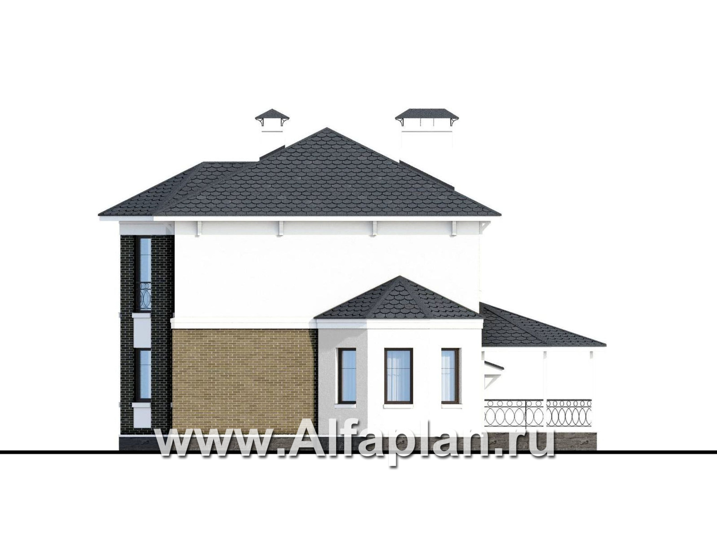 «Классика» - проект двухэтажного дома с эркером, планировка с кабинетом на 1 эт и с террасой, с гаражом на 2 авто - фасад дома