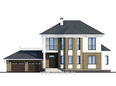 «Классика» - проект двухэтажного дома с эркером, планировка с кабинетом на 1 эт и с террасой, с гаражом на 2 авто - превью фасада дома