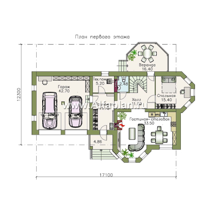 «Классика» - проект двухэтажного дома с эркером, планировка с кабинетом на 1 эт и с террасой, с гаражом на 2 авто - превью план дома