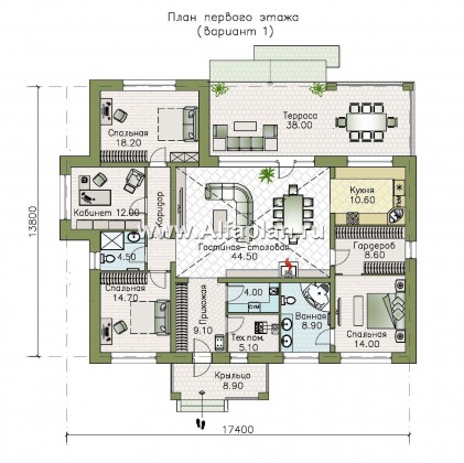 «Аризона» - проект одноэтажного дома, с террасой, в стиле Райта - превью план дома