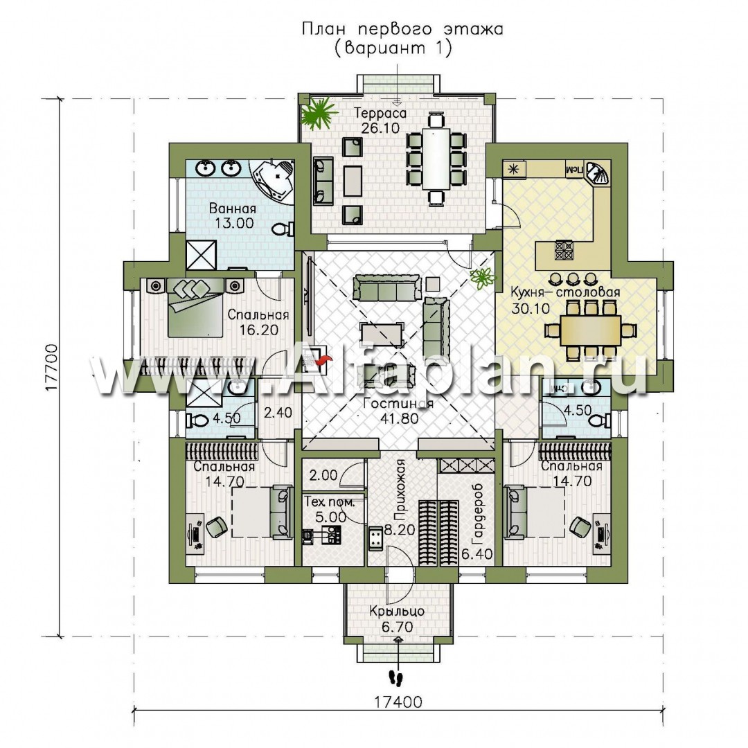 «Аккорд» - проект одноэтажного дома, квадрат в плане, с террасой, мастер спальня - план дома