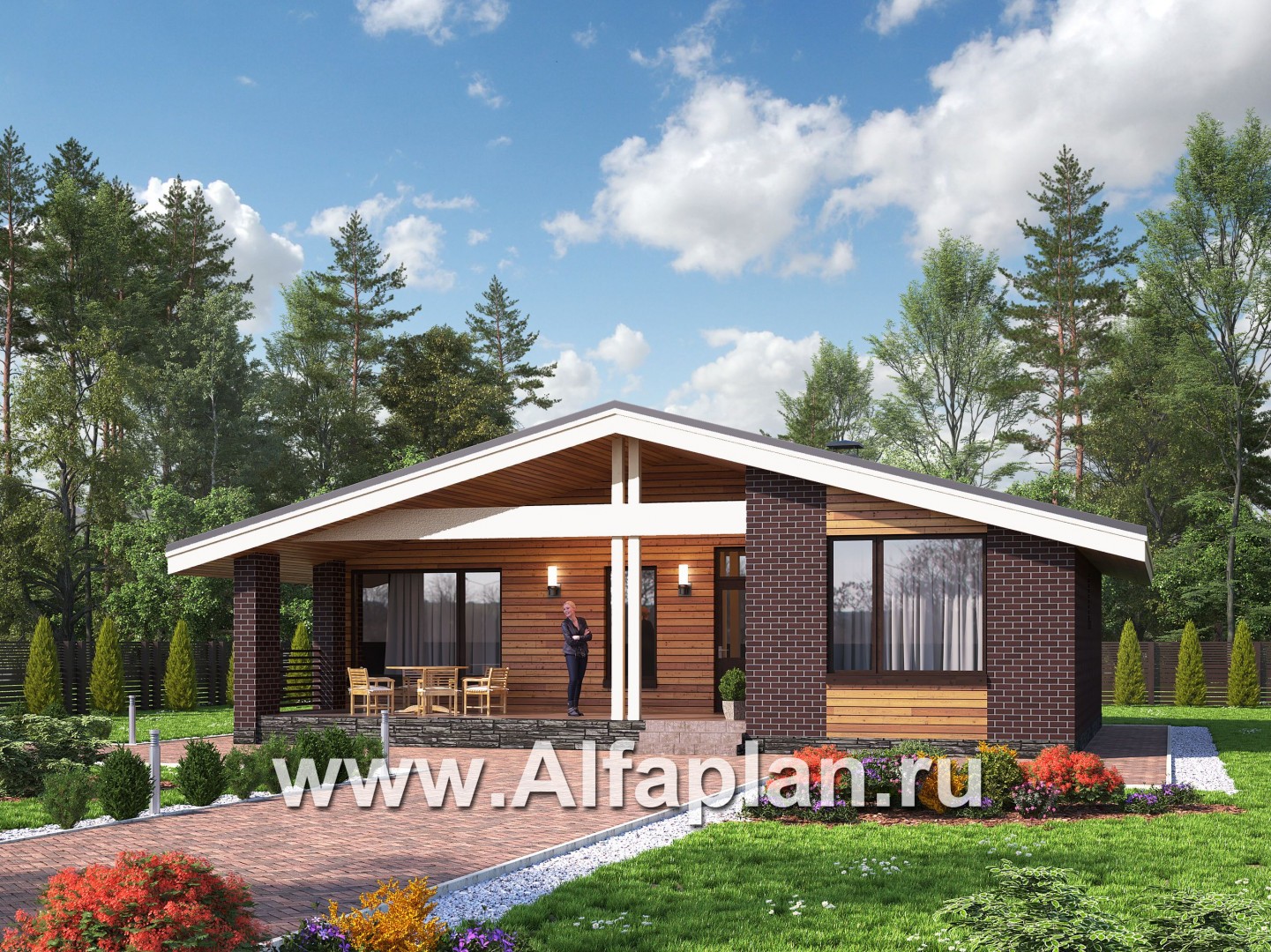 Проекты домов Альфаплан - «Бета» - стильный каркасный коттедж с террасой - основное изображение