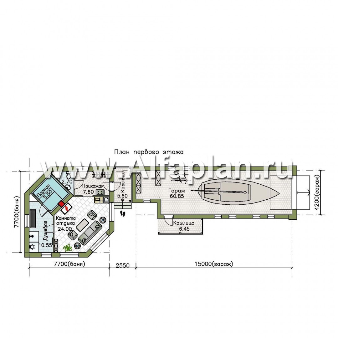 Проекты домов Альфаплан - Баня 263С с длинным гаражом 264Р - план проекта №1