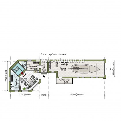 «Кристалл» - проект современной бани, для расположения в углу участка, с гаражом 264Р - превью план дома - фото №1