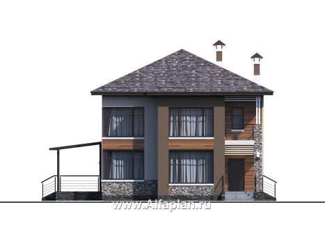 Проекты домов Альфаплан - «Печора» - стильный двухэтажный коттедж с сауной и мастер-спальней - превью фасада №1