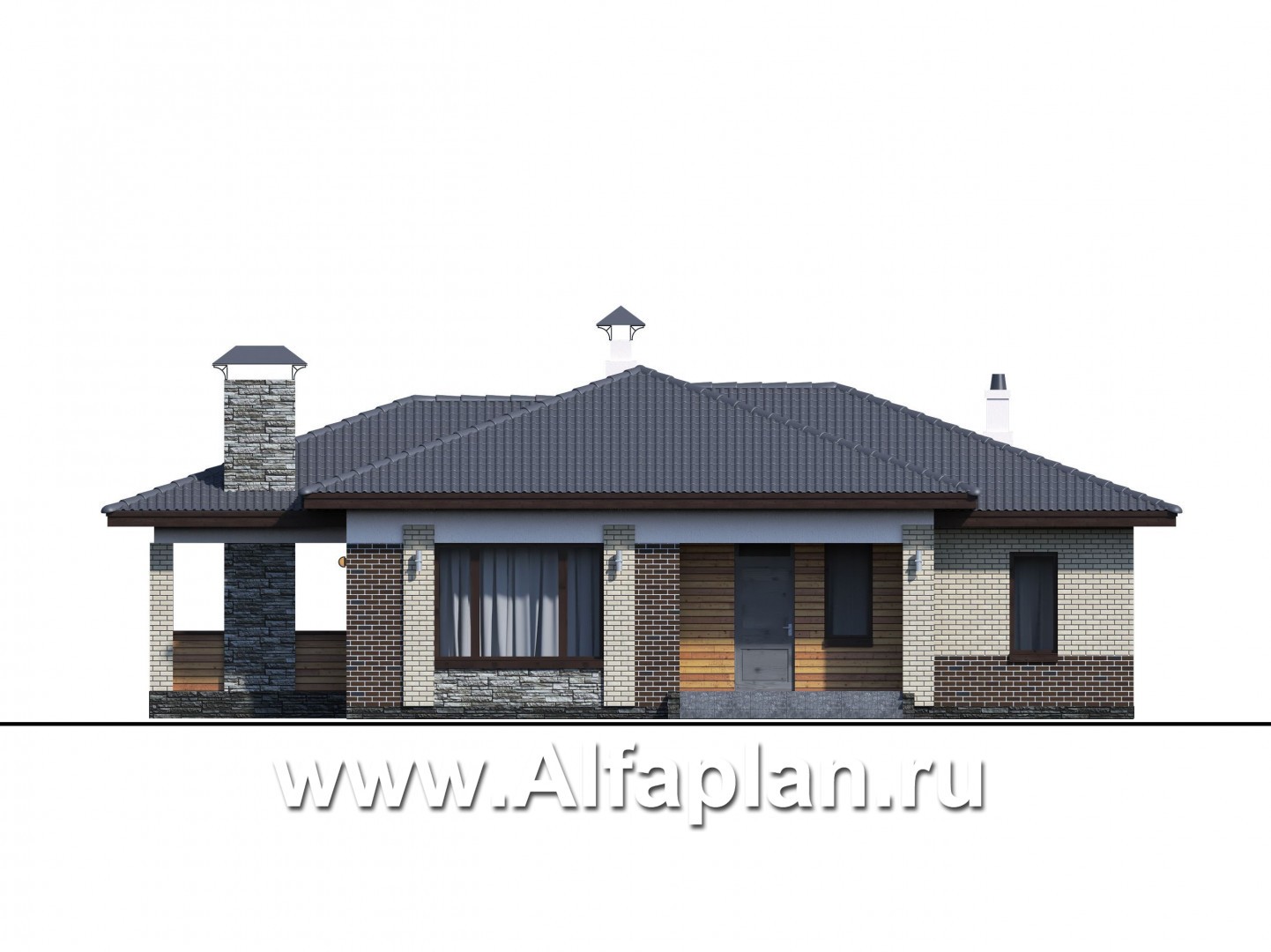 Проекты домов Альфаплан - «Юкон» - просторный одноэтажный коттедж с террасой - изображение фасада №1