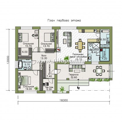 Проекты домов Альфаплан - «Алазея» - просторный одноэтажный дом с сауной и террасой - превью плана проекта №1