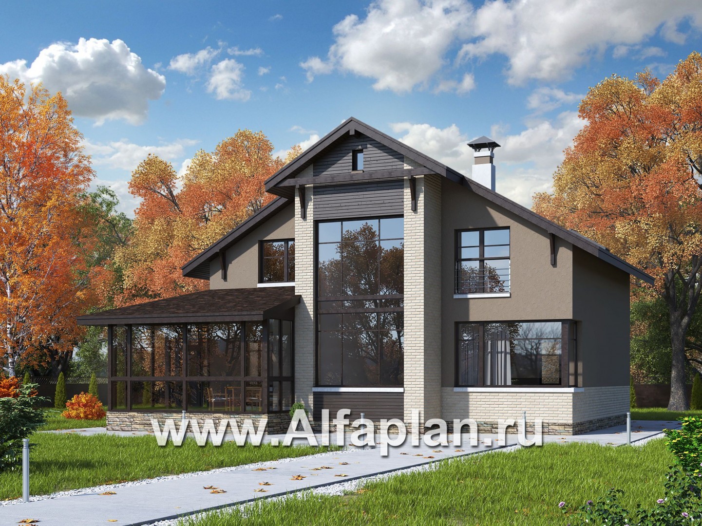 Проекты домов Альфаплан - «Регата» -проект дома с двускатной крышей - основное изображение