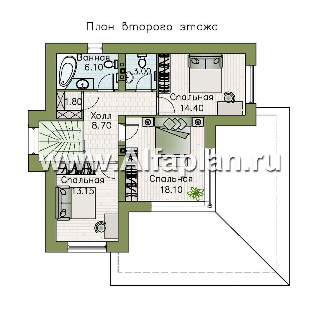 Проекты домов Альфаплан - «Квантум» - двухэтажный дом с большой террасой,  с комнатой на 1-ом этаже - план проекта №2