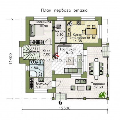 Проекты домов Альфаплан - «Квантум» - двухэтажный дом с большой террасой,  с комнатой на 1-ом этаже - превью плана проекта №1