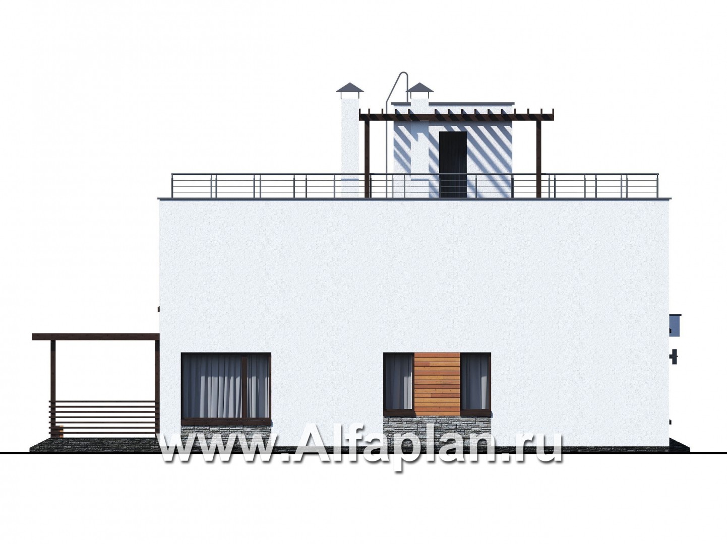 Проекты домов Альфаплан - «Золотой ключик» — современный дом с плоской эксплуатируемой кровлей - изображение фасада №4