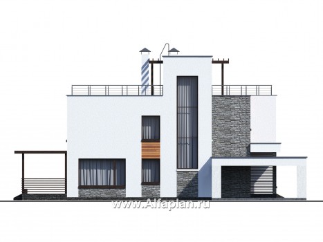 Проекты домов Альфаплан - «Золотой ключик» — современный дом с плоской эксплуатируемой кровлей и гаражом-навесом - превью фасада №2