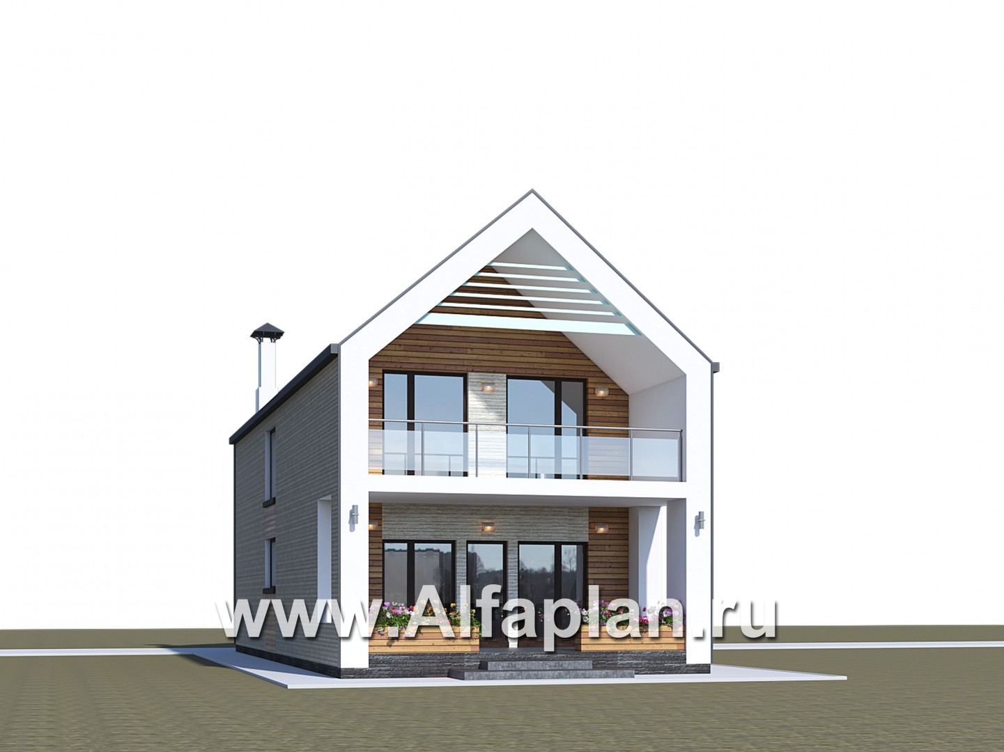 Проекты домов Альфаплан - «Барн» - современный мансардный дом с боковой террасой и балконом - дополнительное изображение №3