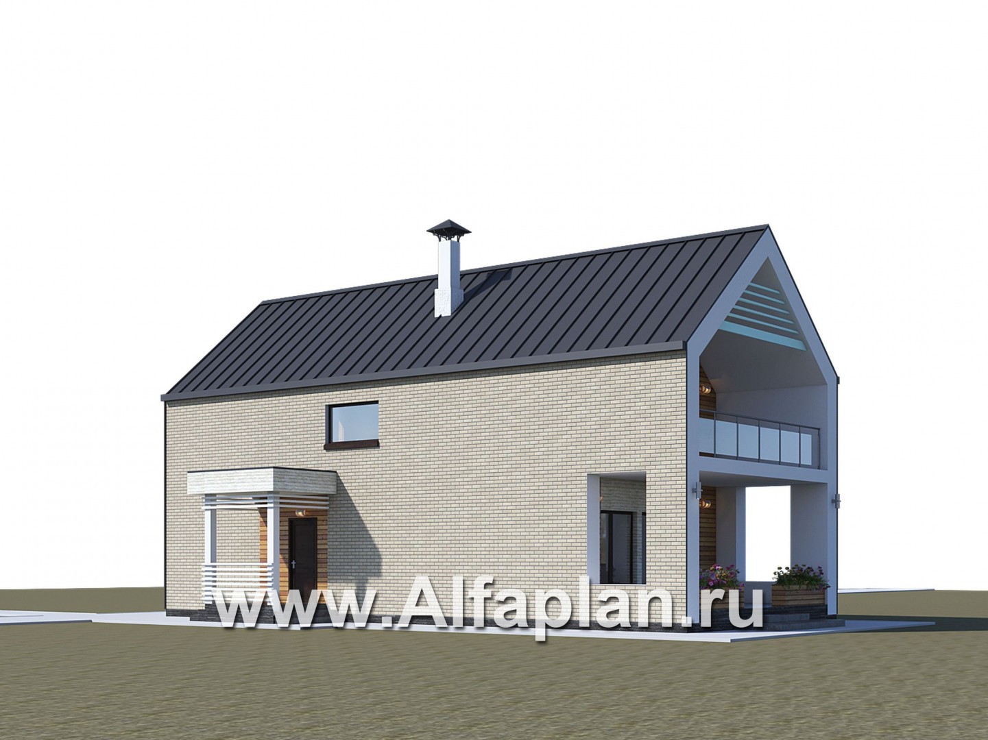 Проекты домов Альфаплан - «Барн» - современный мансардный дом с боковой террасой и балконом - дополнительное изображение №2
