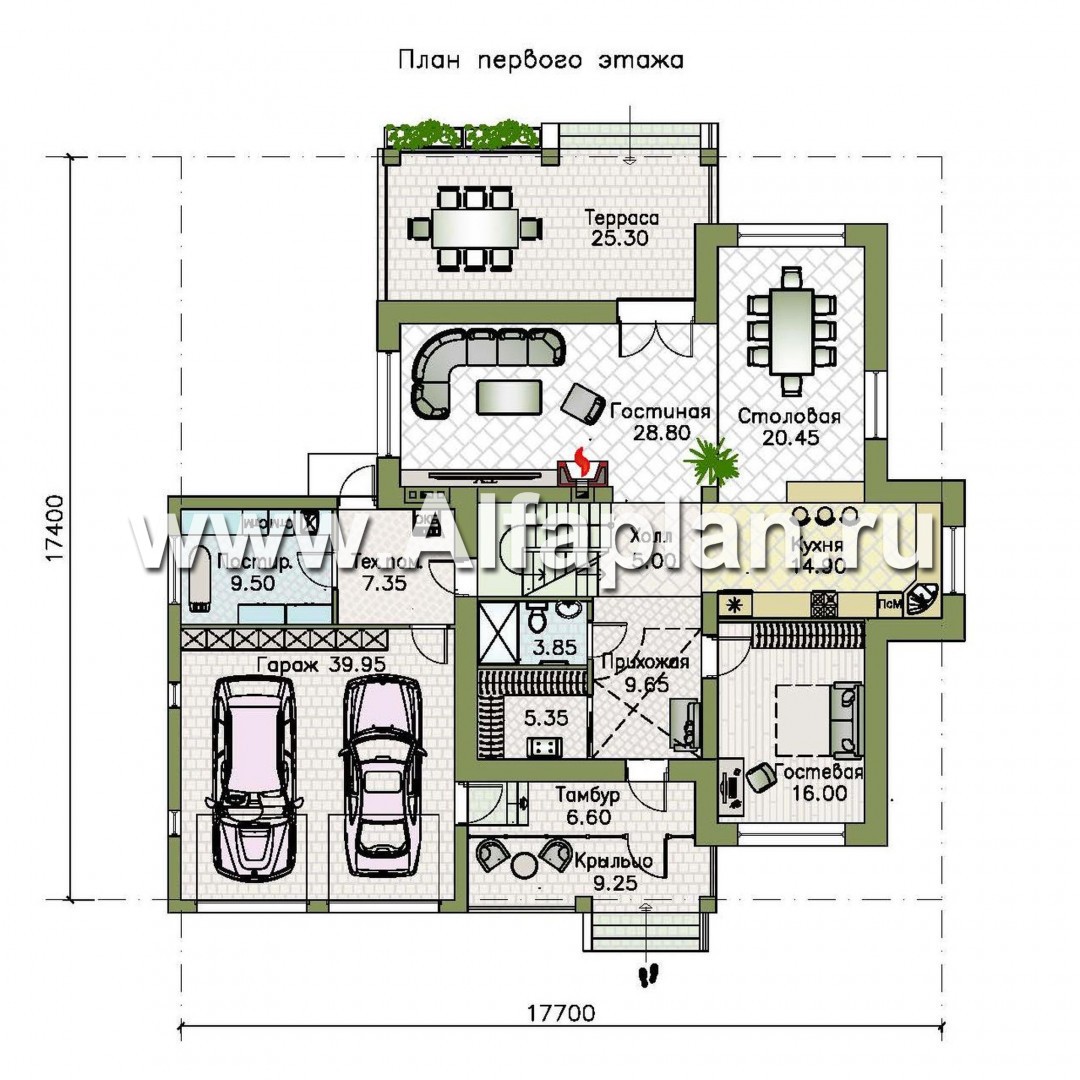 Проекты домов Альфаплан - "Монтекки" - двухэтажный коттедж с гаражом на две машины - план проекта №1
