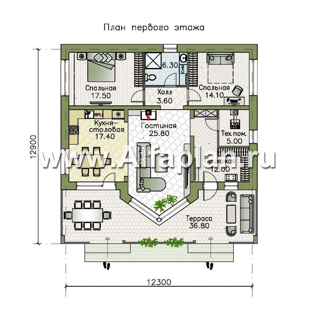 Проекты домов Альфаплан - «Вектор» - проект стильного одноэтажного дома, с эркером и с террасой, 2 спальни - план проекта №1