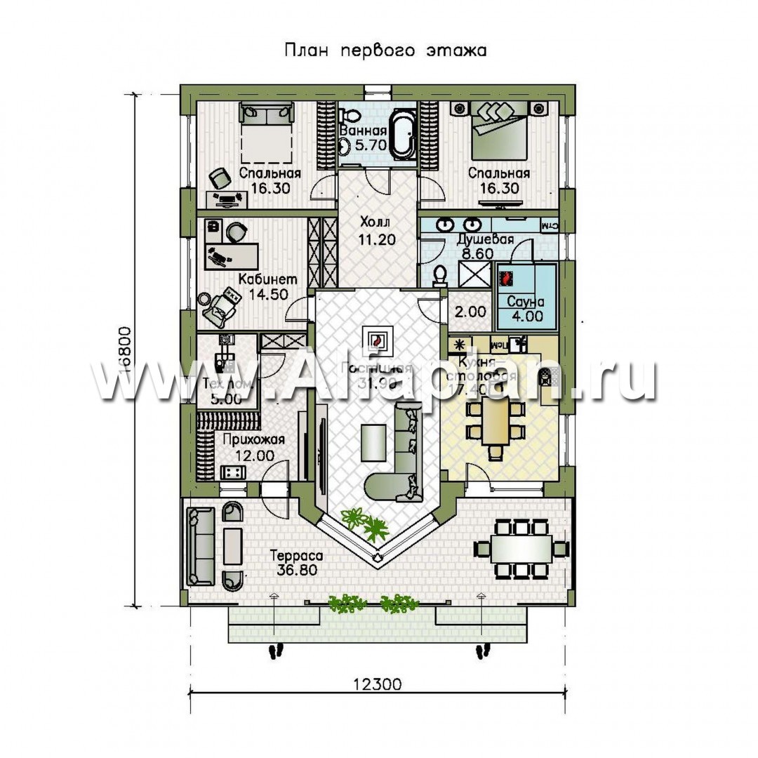 Проекты домов Альфаплан - «Вектор Плюс» - одноэтажный дом с тремя спальнями, террасой и сауной - план проекта №1