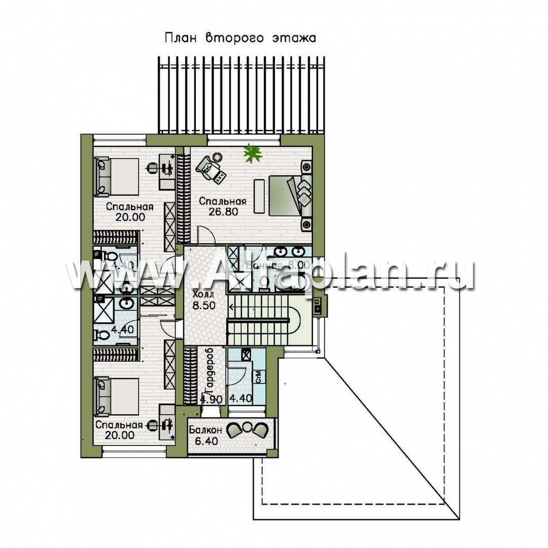 Проекты домов Альфаплан - "Золотой ключик" - план дома, где все спальни с душевыми - изображение плана проекта №2