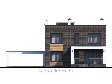 Проекты домов Альфаплан - «Эрго» - проект двухэтажного дома с плоской кровлей 10х10м, с гаражом-навесом - превью фасада №3