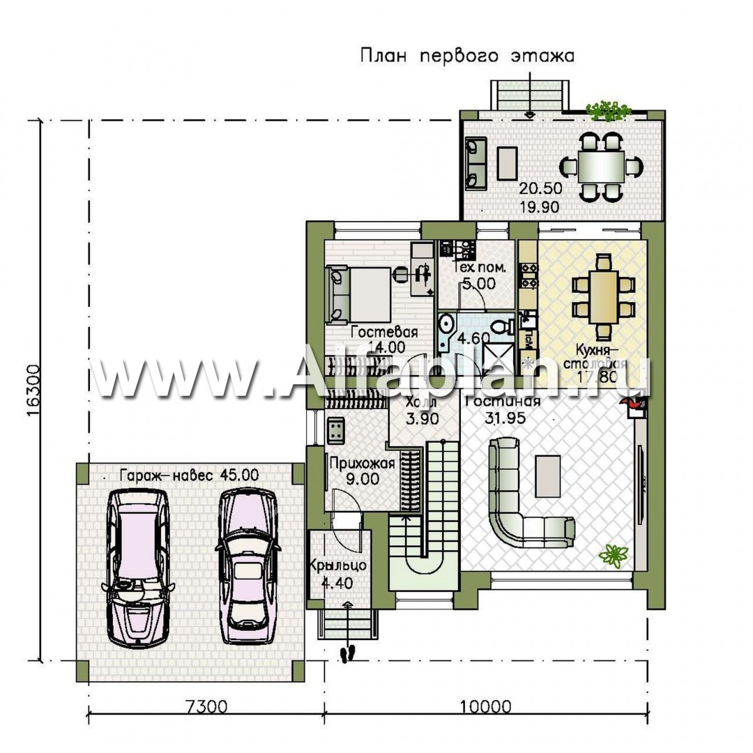 Проекты домов Альфаплан - «Эрго» - проект двухэтажного дома с плоской кровлей 10х10м, с гаражом-навесом - план проекта №1