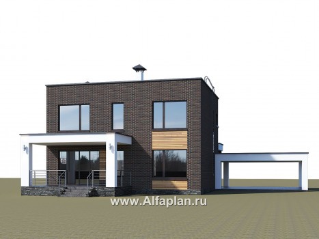 Проекты домов Альфаплан - «Эрго» - проект двухэтажного дома с плоской кровлей 10х10м, с гаражом-навесом - превью дополнительного изображения №2
