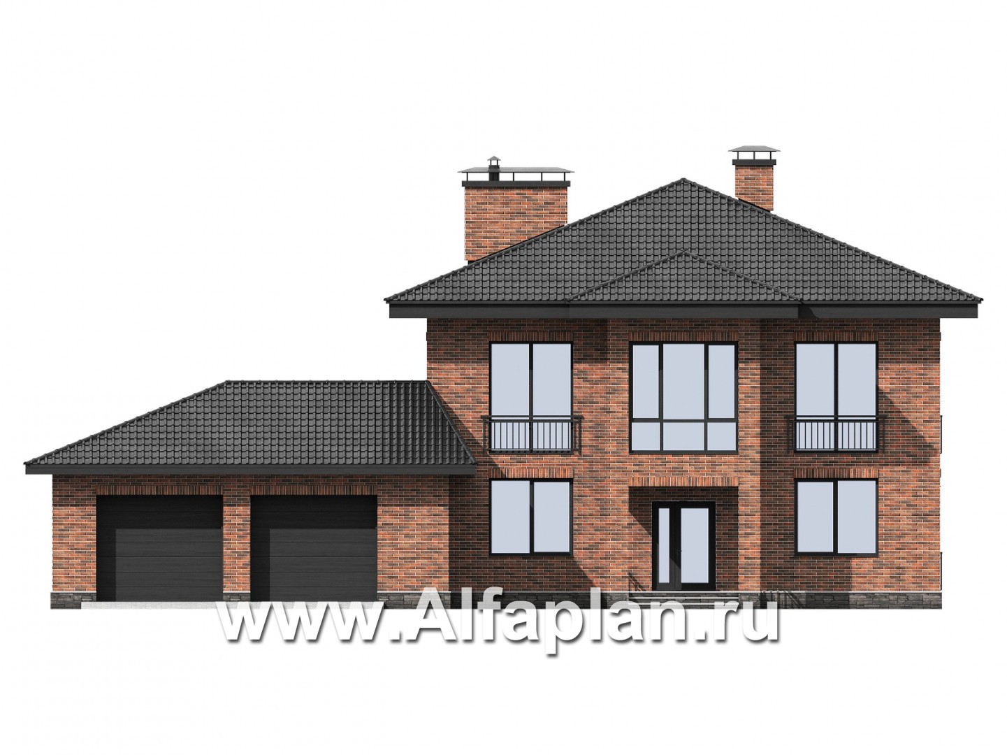 Проекты домов Альфаплан - Проект кирпичного трехэтажного особняка с двойным гаражом - изображение фасада №1