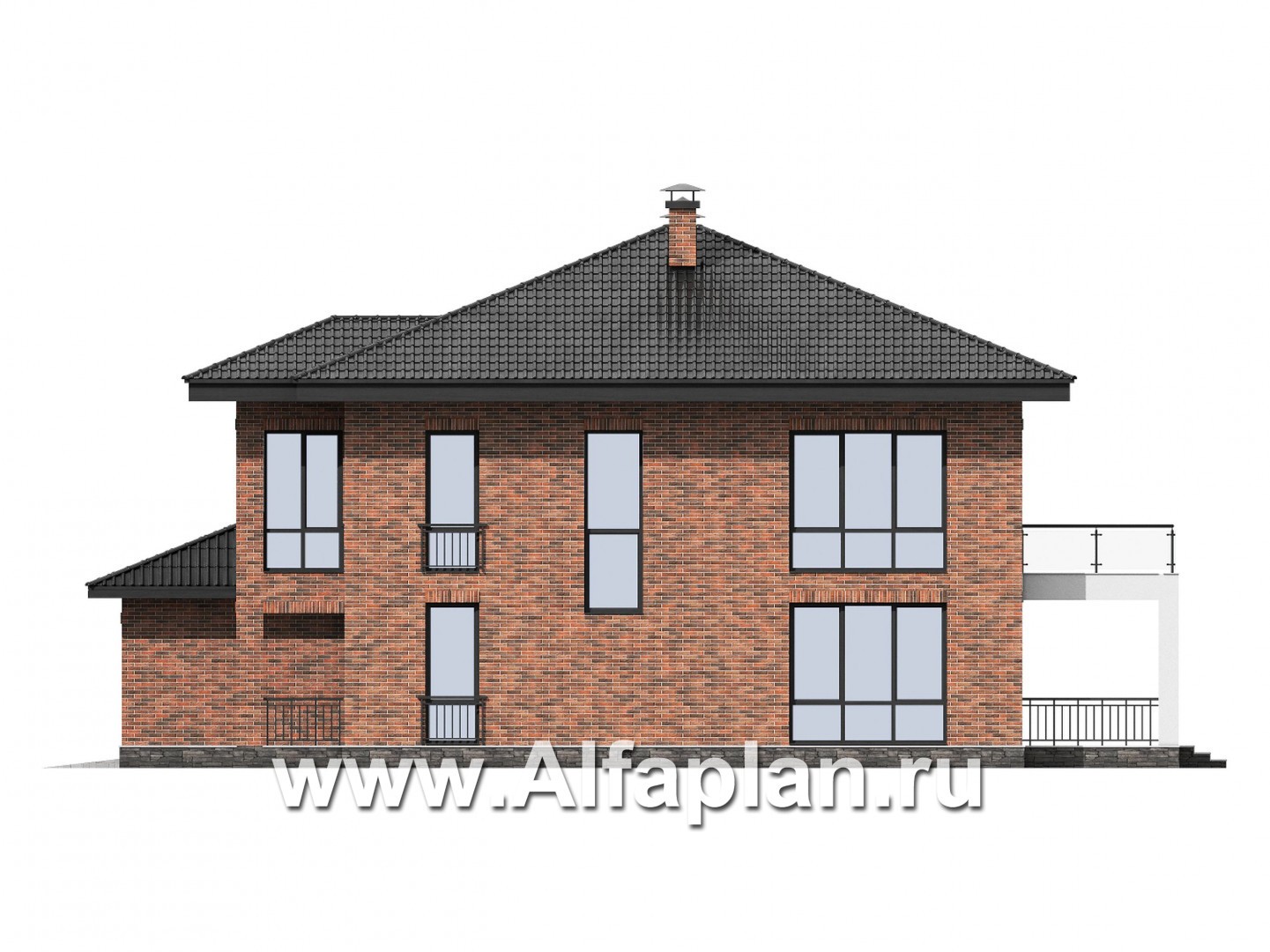 Проекты домов Альфаплан - Проект кирпичного трехэтажного особняка с двойным гаражом - изображение фасада №4