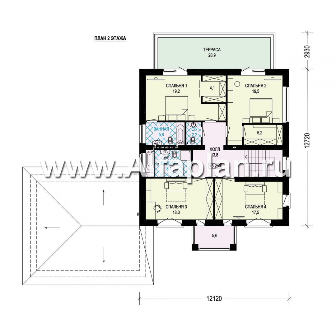 Проекты домов Альфаплан - Проект кирпичного трехэтажного особняка с двойным гаражом - изображение плана проекта №2