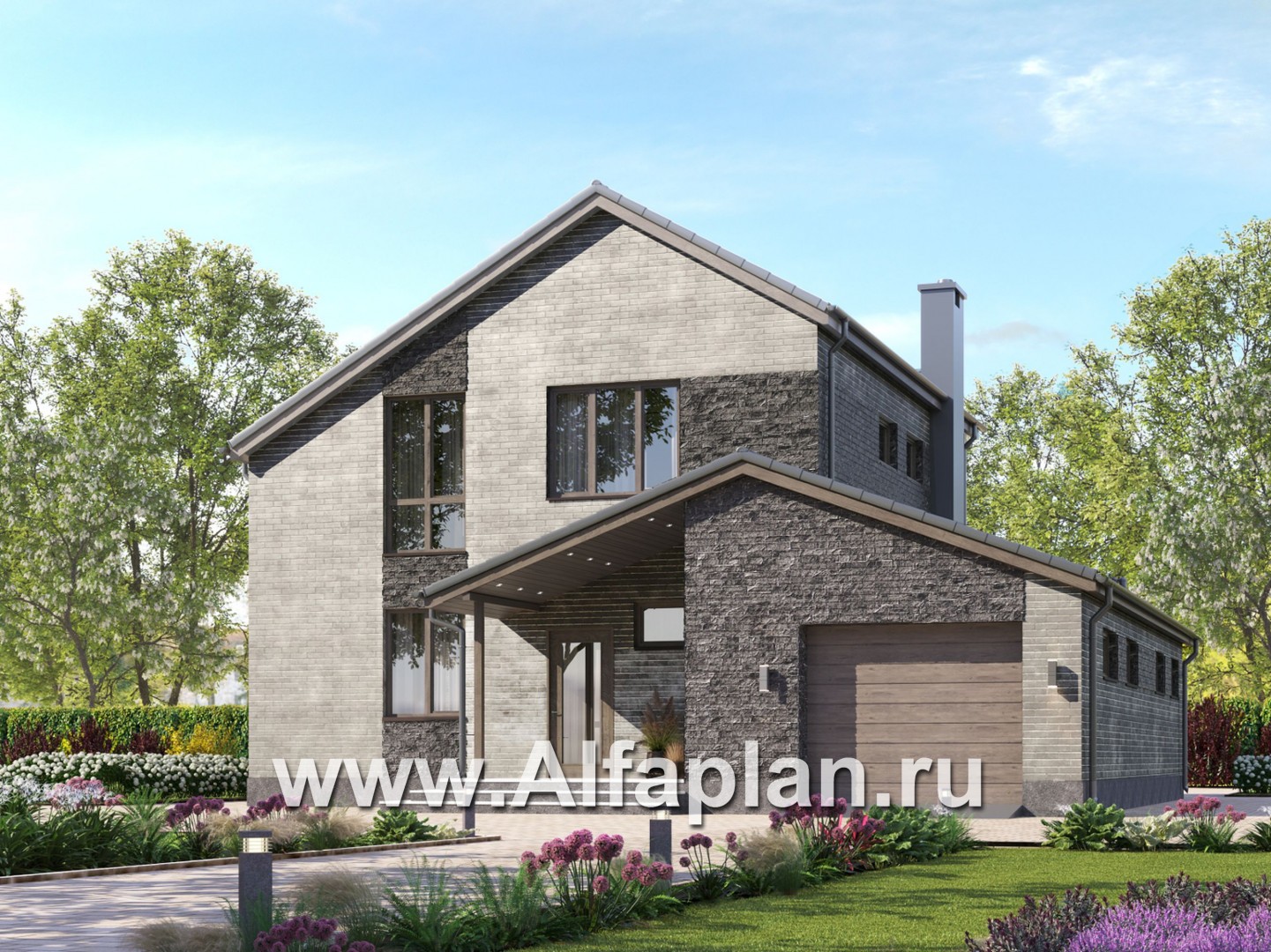 Проекты домов Альфаплан - Проект современного загородного дома с гаражом - основное изображение