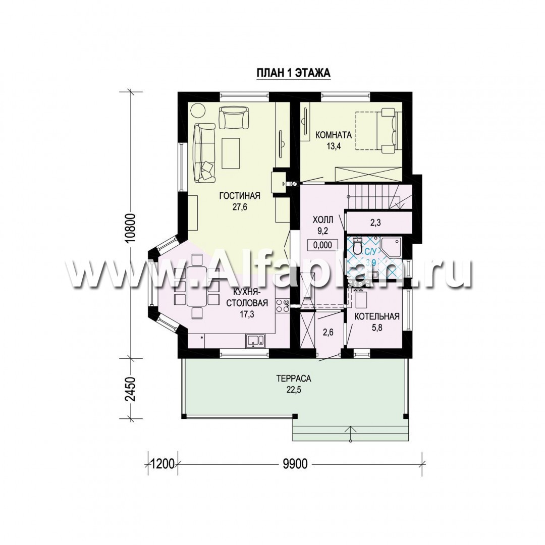 Проекты домов Альфаплан - Двухэтажный загородный дом с эркером - план проекта №1