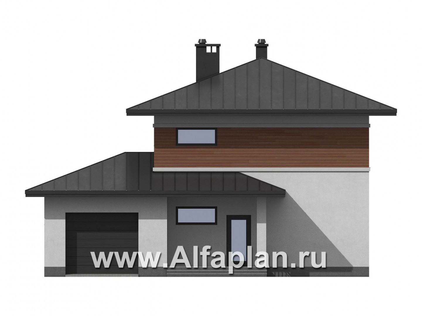 Проекты домов Альфаплан - Современный двухэтажный дом из газобетона с гаражом - изображение фасада №1
