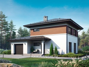 Проекты домов Альфаплан - Современный двухэтажный дом из газобетона с гаражом - превью основного изображения