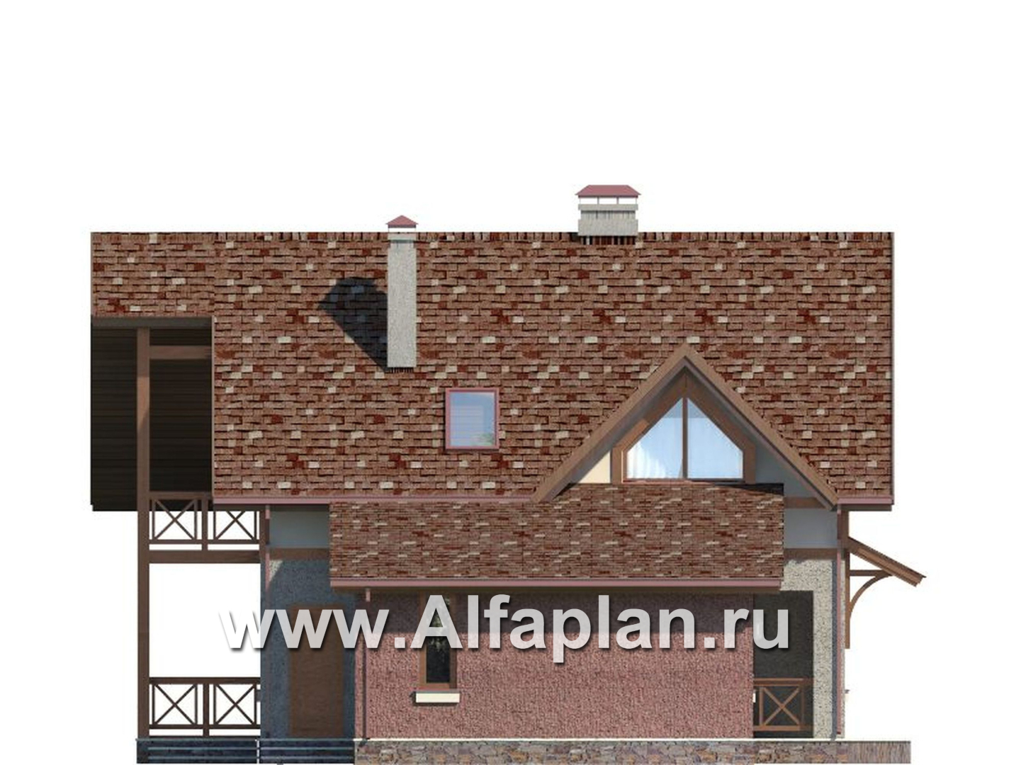 Проекты домов Альфаплан - Проект дома с мансардой, из газобетона, планировка с террасой и кабинетом на 1 эт, в стиле фахверк - изображение фасада №3