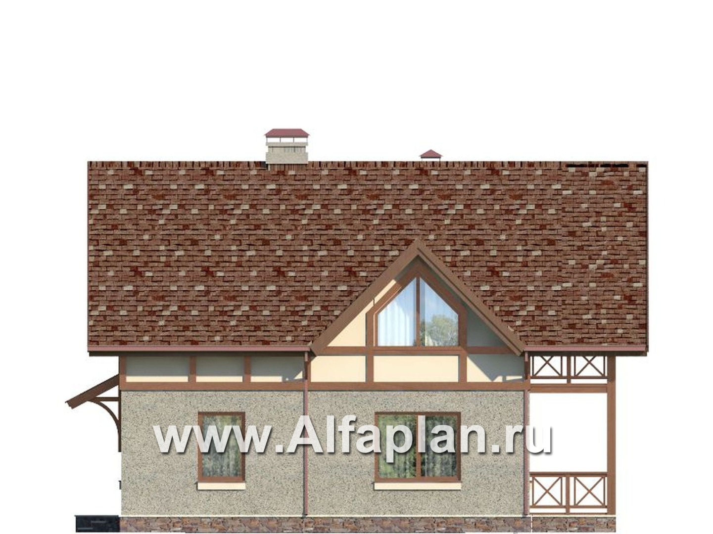 Проекты домов Альфаплан - Проект дома с мансардой, из газобетона, планировка с террасой и кабинетом на 1 эт, в стиле фахверк - изображение фасада №4