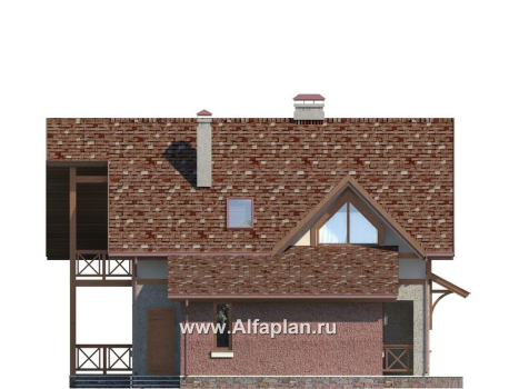 Проекты домов Альфаплан - Проект дома с мансардой, из газобетона, планировка с террасой и кабинетом на 1 эт, в стиле фахверк - превью фасада №3