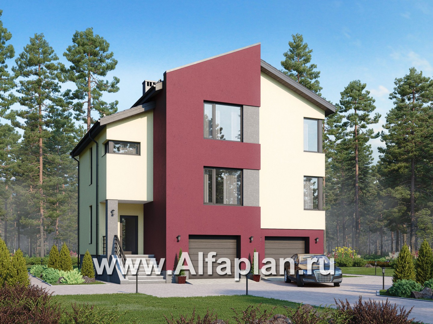 Проекты домов Альфаплан - Проект трехэтажного дома с двойным гаражом - основное изображение