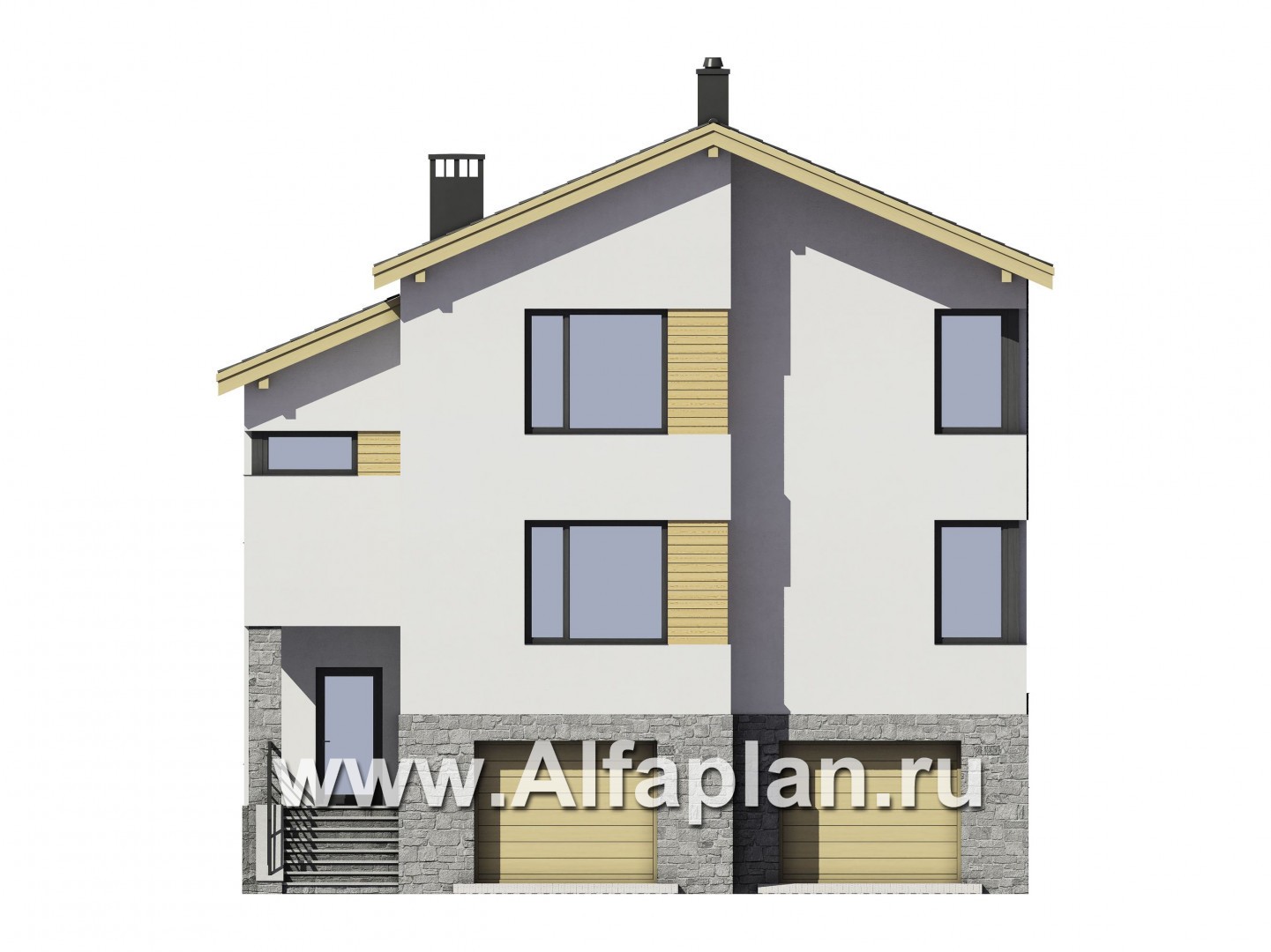 Проекты домов Альфаплан - Проект трехэтажного дома с гаражом на две машины - изображение фасада №1